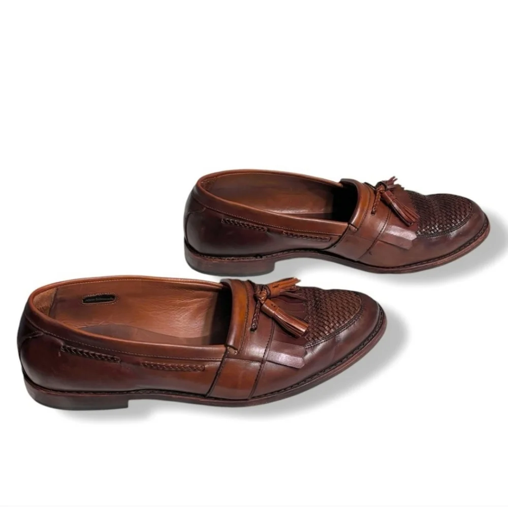 ALLEN EDMONDS “Cody” Brown Leather Loafers Braid Tassel Kiltie Detail